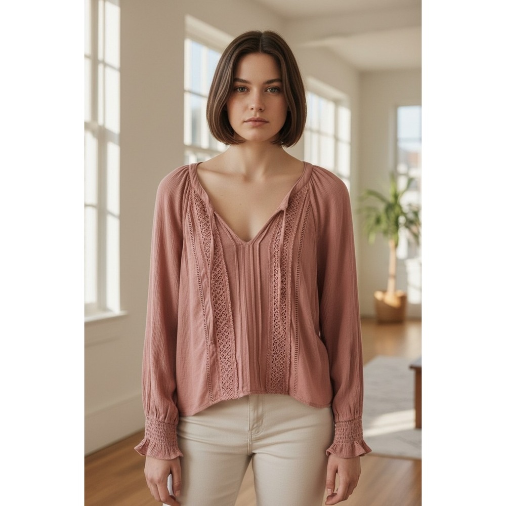 Hollister Womens M Dusty Rose Pink Crochet Lace Pintuck Peasant Blouse Long SL